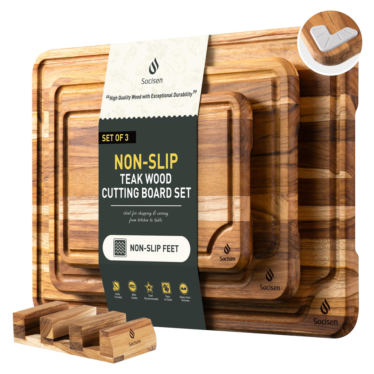 Socisen teak cutting board set 10inch with non-slip base for stable slicing.