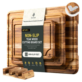 Socisen teak cutting board set 10inch with non-slip base for stable slicing.