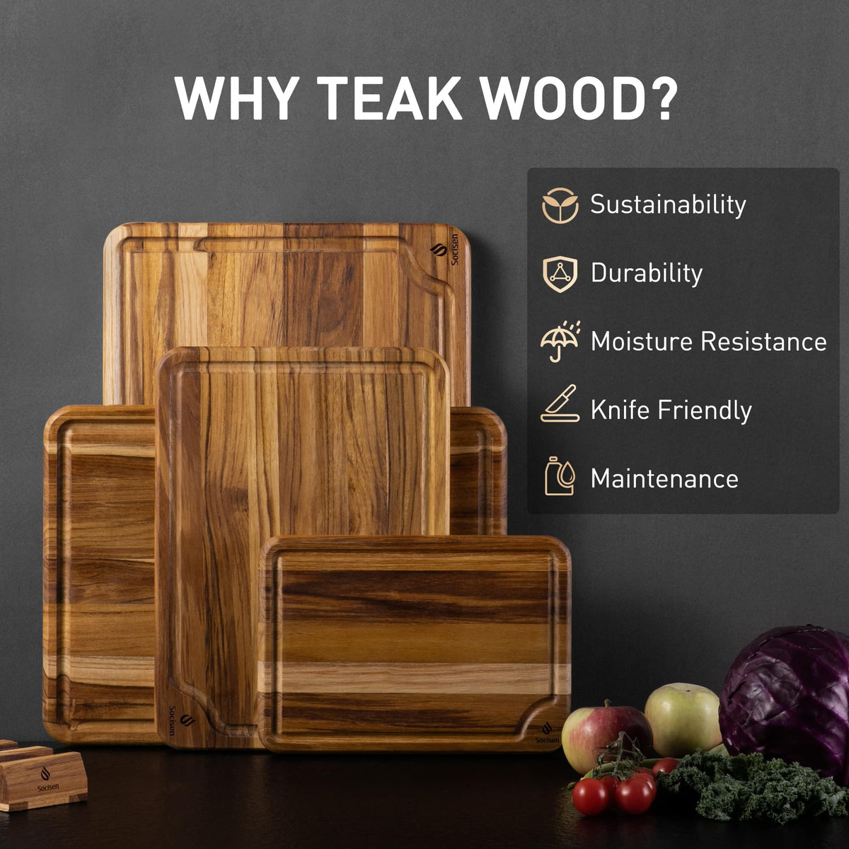 Socisen 13-inch teak cutting board ideal for vegetables and herbs prep