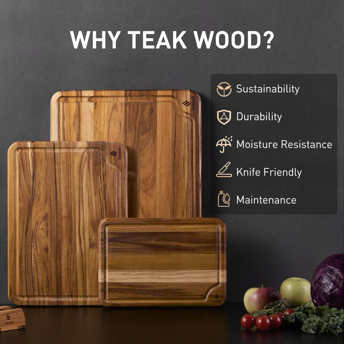 Socisen teak cutting board set 13inch for versatile prep and serving.