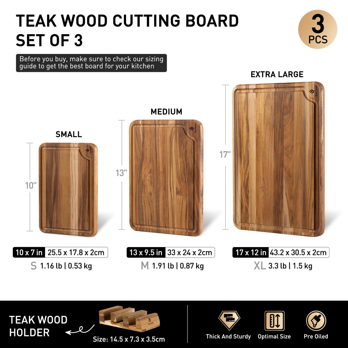 Socisen teak cutting board set 17inch for large cuts and charcuterie display.