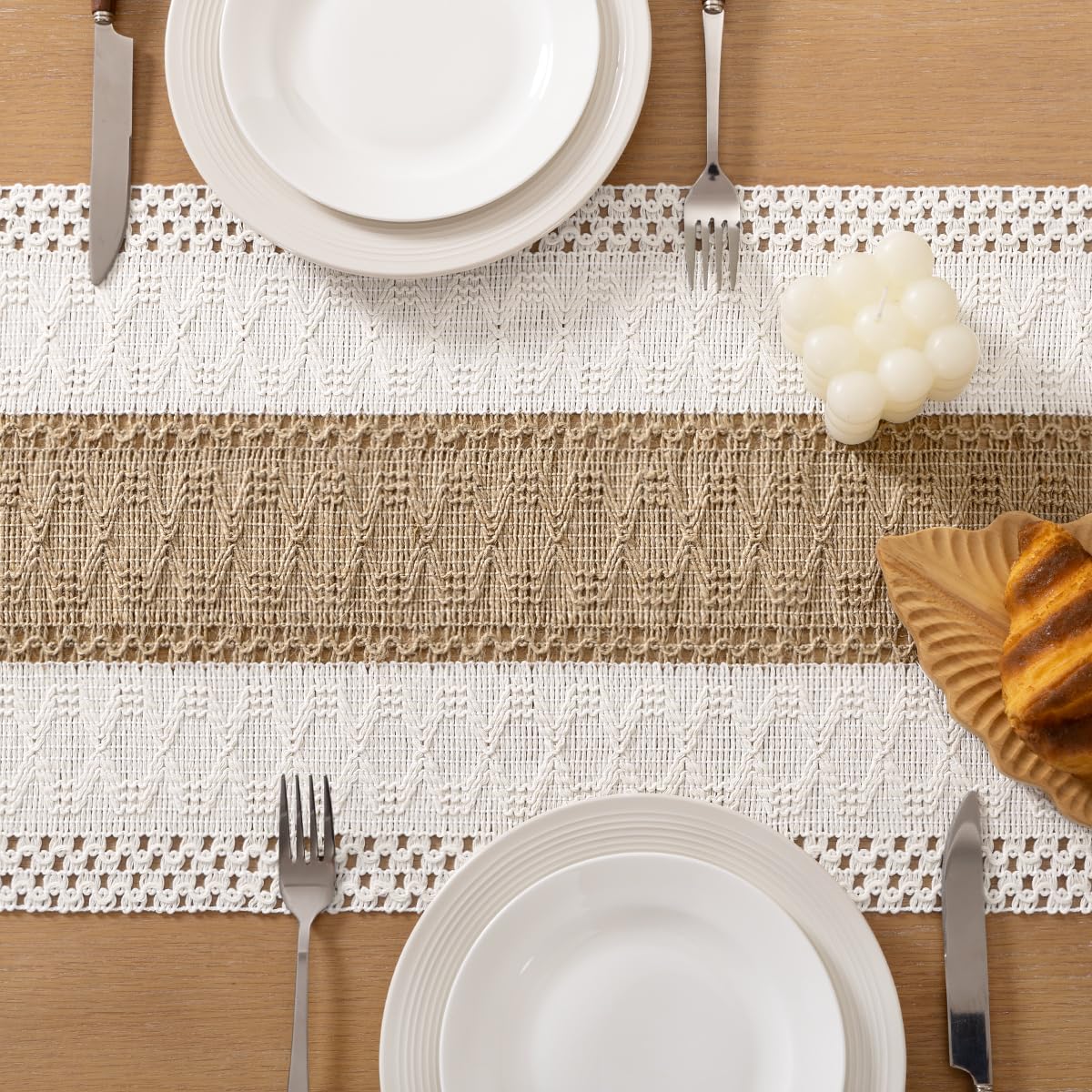 Socomi 12x48 table runner placed on a farmhouse dining table.