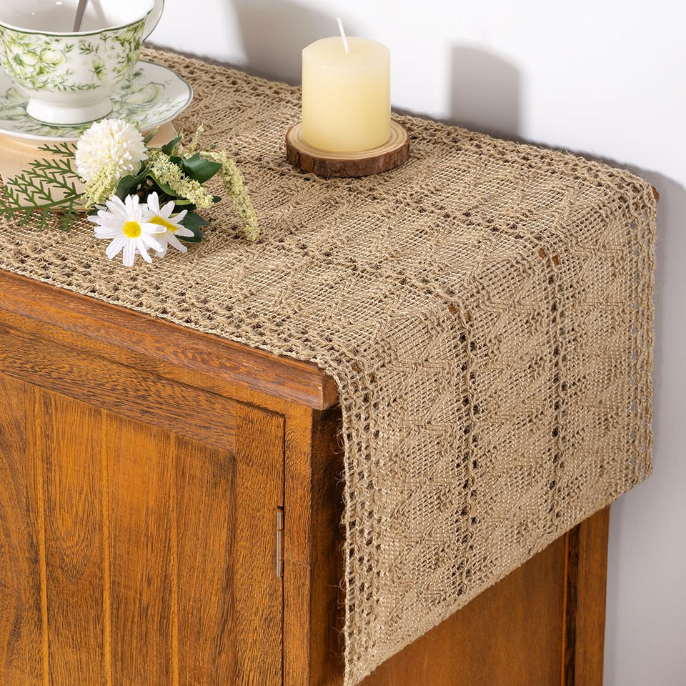 Socomi boho table runner burlap fringe close-up showing textured weave for rustic charm.