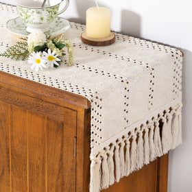 Socomi boho table runner in cream ivory enhances dining table rustic charm.