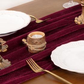 Socomi Burgundy Red Velvet runner shown in a formal dining setup for weddings or banquets.