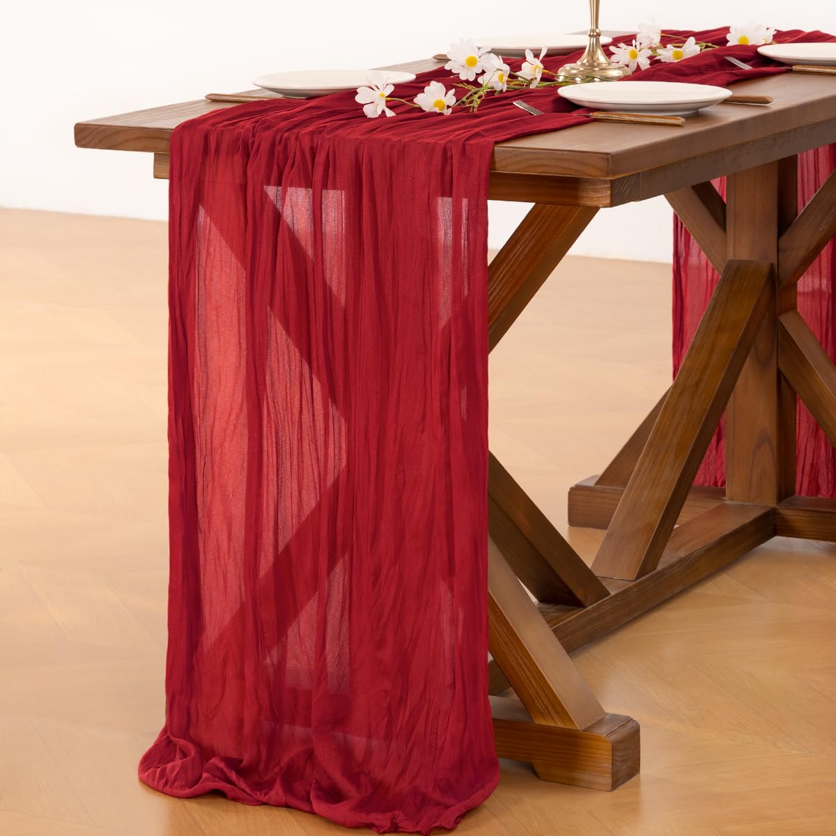 Socomi table runner draped over an outdoor baby shower table for ambiance.