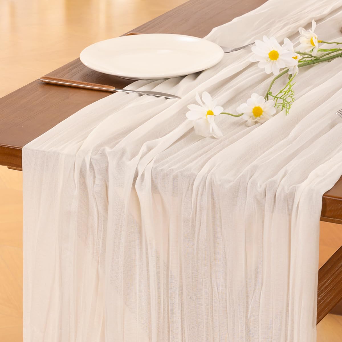 Socomi ivory cheesecloth table runner, 120 inches, adds rustic elegance to wedding tables
