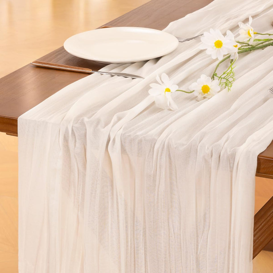 Socomi ivory cheesecloth table runner, 120 inches, ideal for wedding tables and arches.
