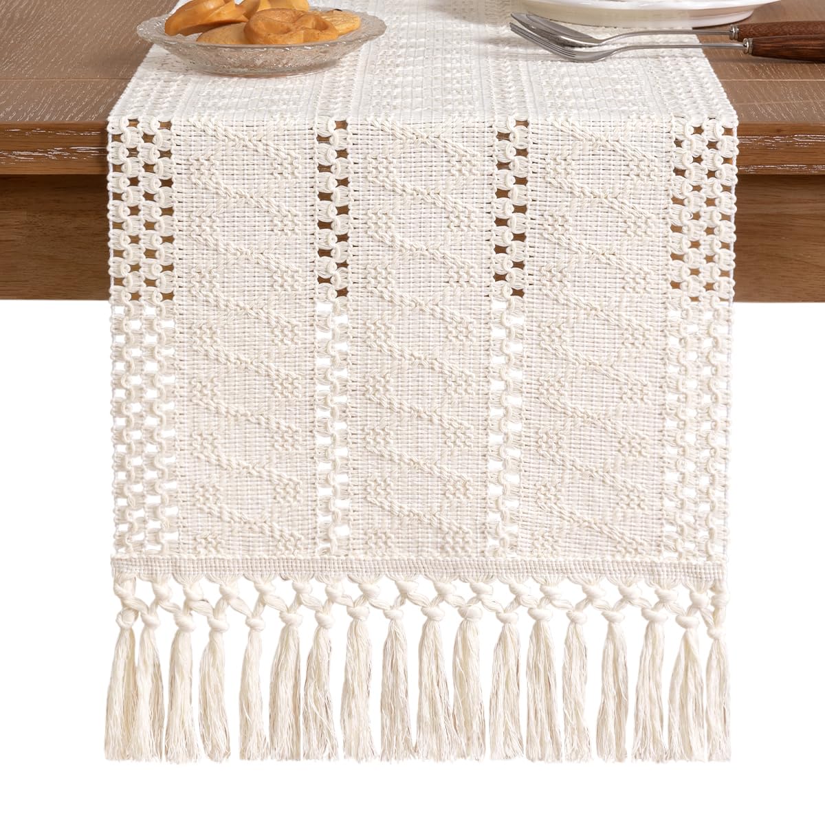 Socomi cream ivory runner enhances light, airy dining room decor.