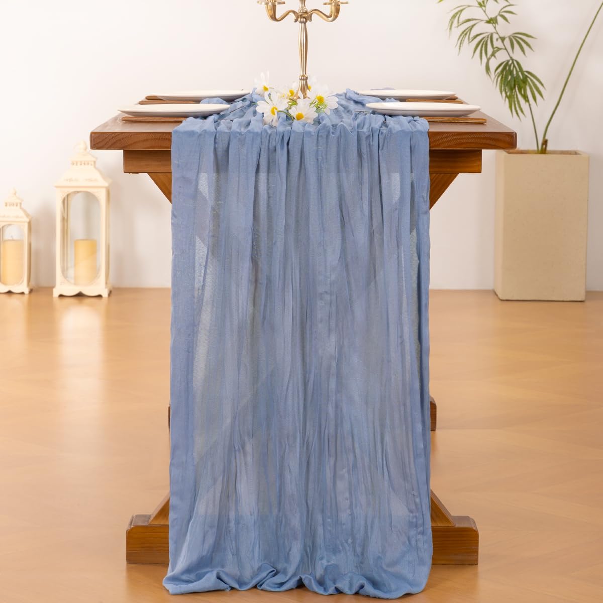 Socomi boho wedding decor with this dusty blue runner creates rustic, romantic tables.