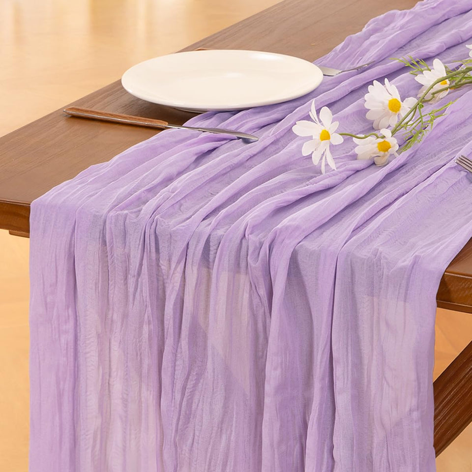 Socomi lilac lavender cheesecloth runner on table for elegant wedding decor and soft ambiance
