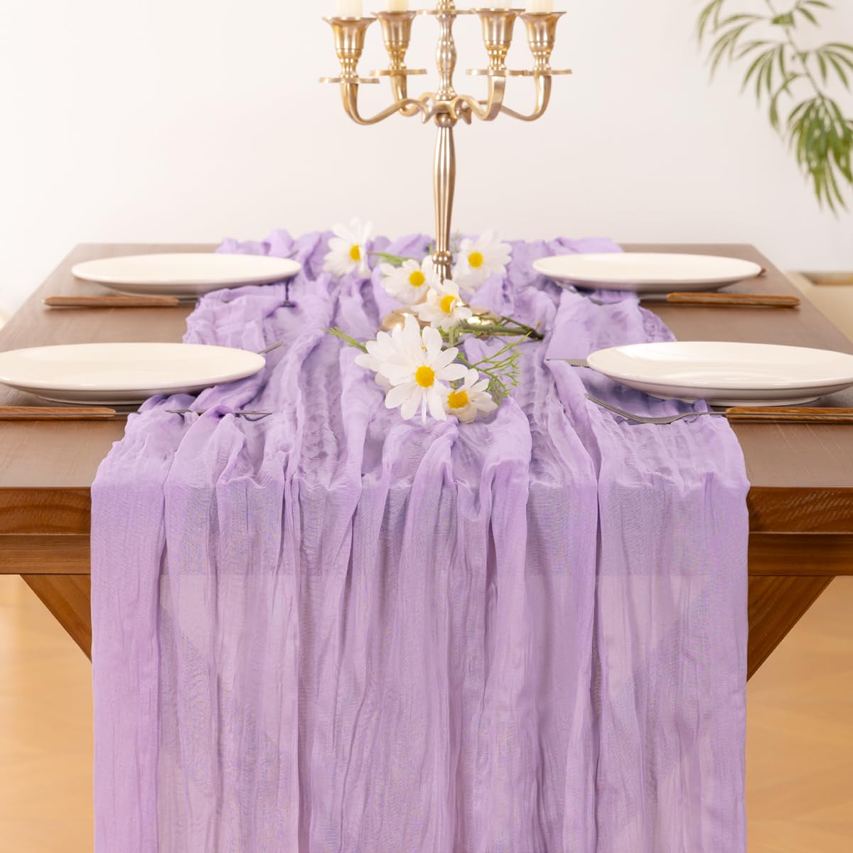 Socomi lilac cheesecloth runner complements seasonal decor for weddings and holidays