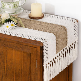 Socomi macrame-edge table runner highlights handmade texture for warm rustic tables