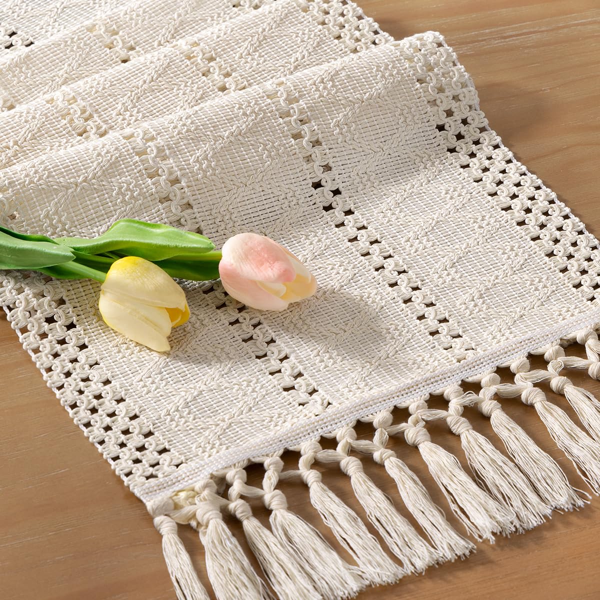 Socomi macrame woven texture adds cozy farmhouse charm to the table.