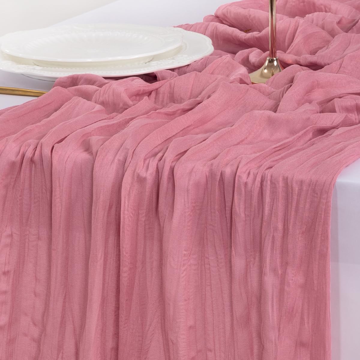 Socomi cheesecloth runner highlighting durable edge stitching for longevity.