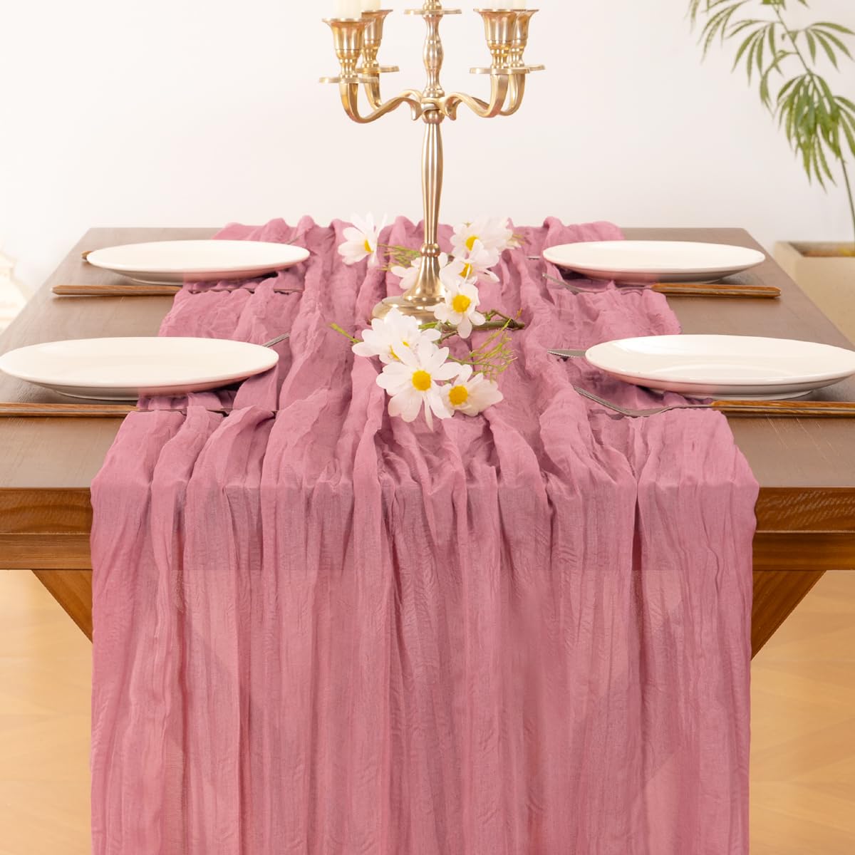 Socomi mauve cheesecloth runner featured on a holiday tablescape with warm mood.