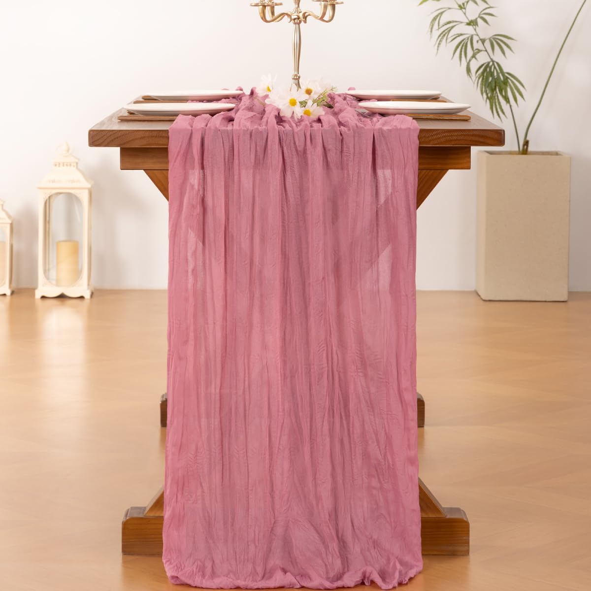 Socomi mauve cheesecloth runner styled in a wedding setup for romantic ambience.