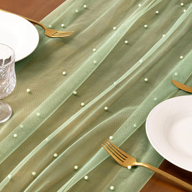 Socomi Pearl Table Runner sage green packaging shows 3pcs set for easy decorating
