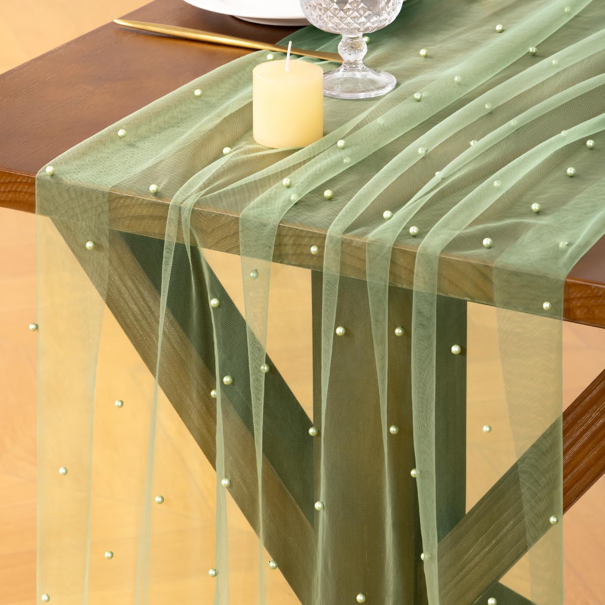 Socomi Pearl Table Runner sage green with rolled edges enhancing table decor