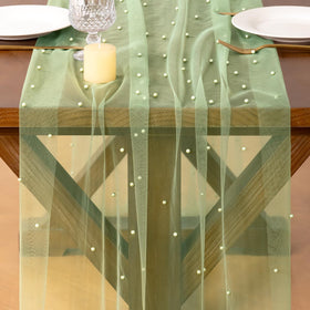 Socomi Pearl Table Runner sage green for wedding arches, ideal for elegant centerpiece styling