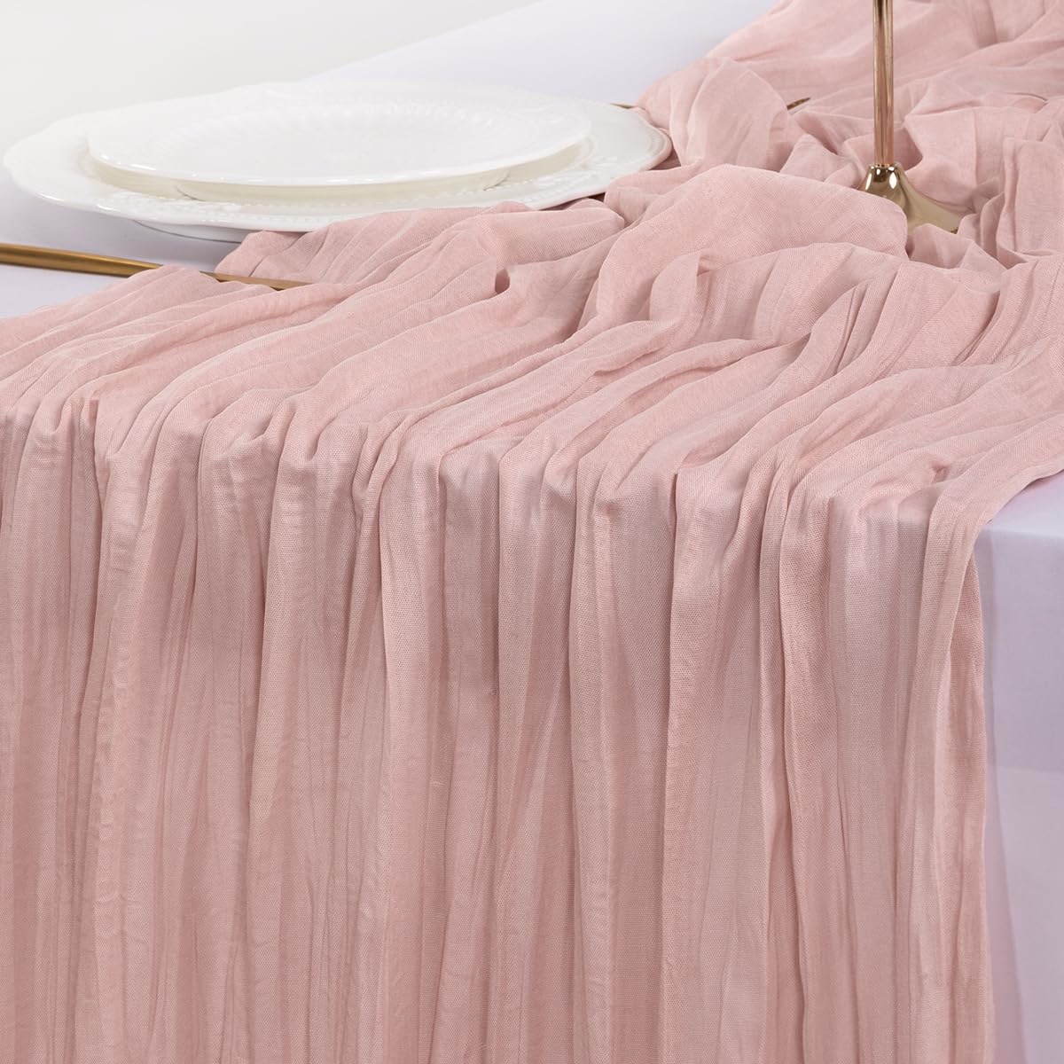 Care friendly Socomi pink cheesecloth runner machine wash recommended no ironing required for wrinkled texture
