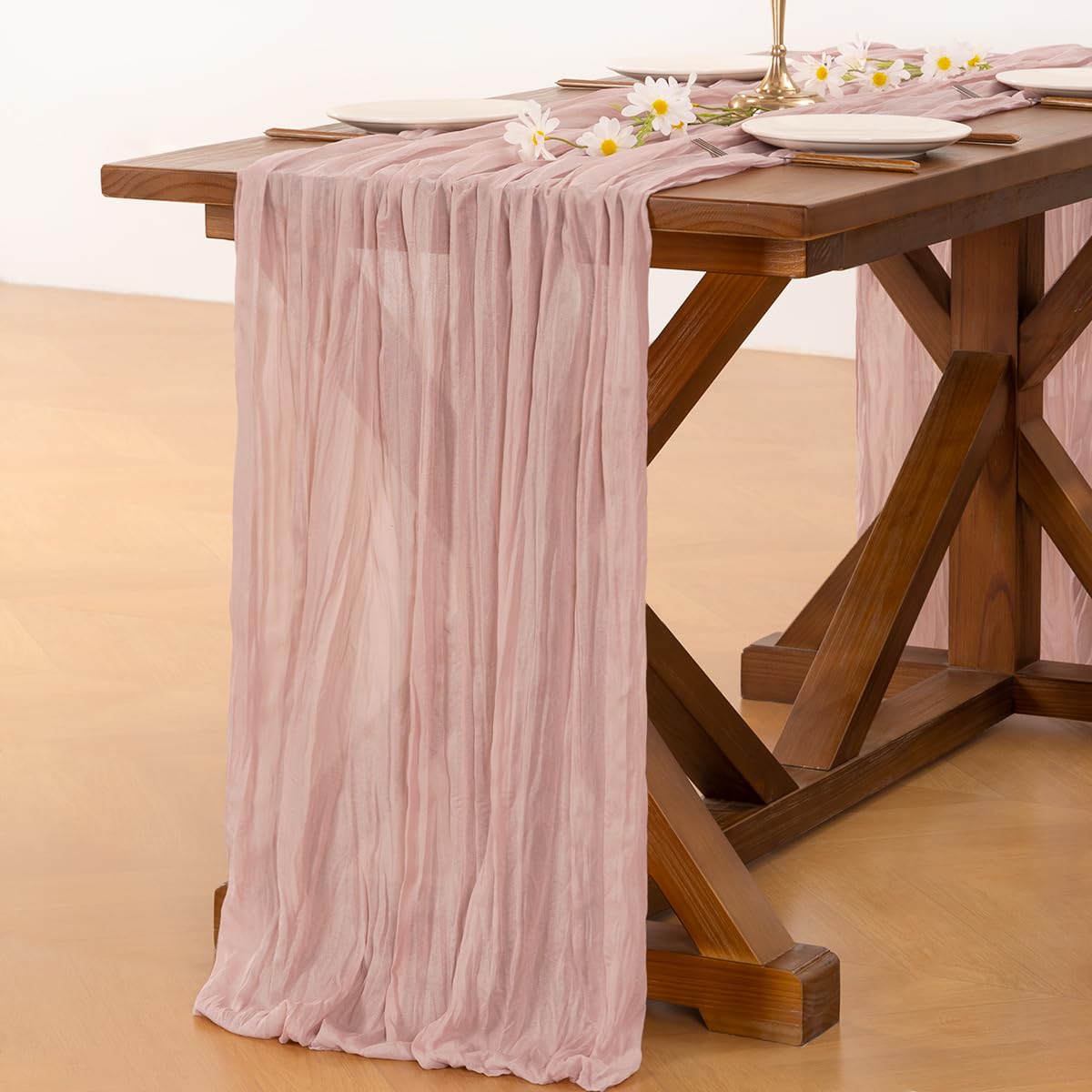 Socomi pink cheesecloth runner complements summer tables with light breathable gauze