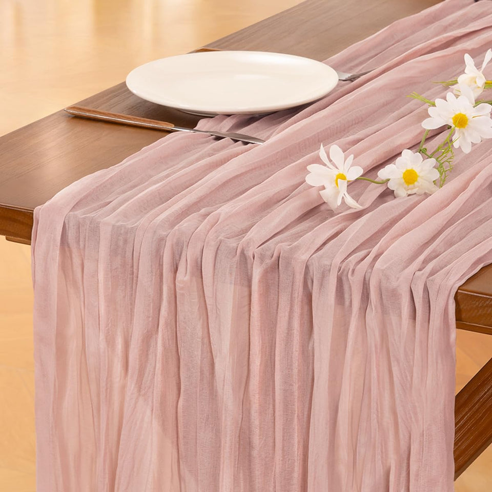 Socomi pink cheesecloth runner on a wedding table adds rustic elegance and soft ambiance