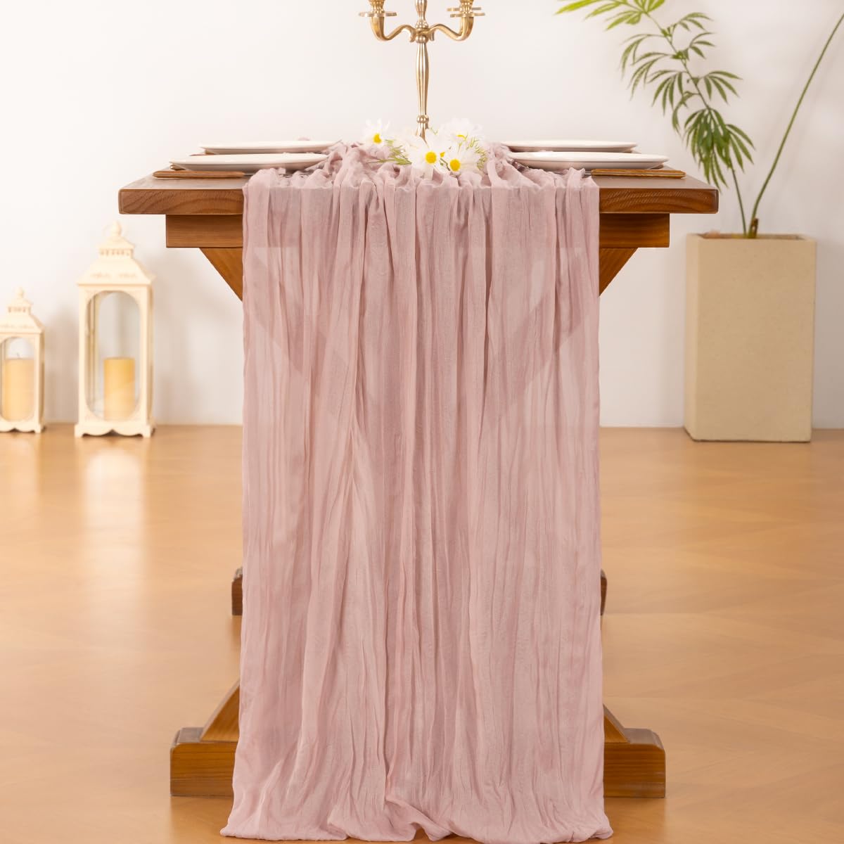 Socomi pink cheesecloth table runner at bridal shower for elegant decor.