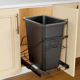 SOCONT pull-out trash can rack inside a narrow cabinet for a cleaner kitchen.