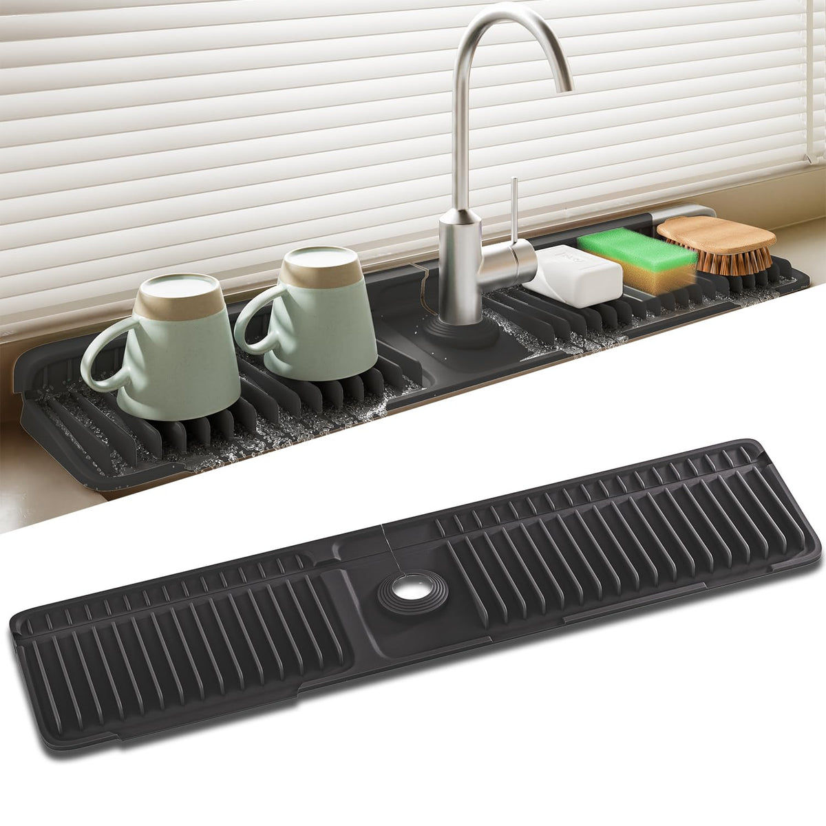 SOCORIA faucet mat splash guard extends protection for larger sinks.
