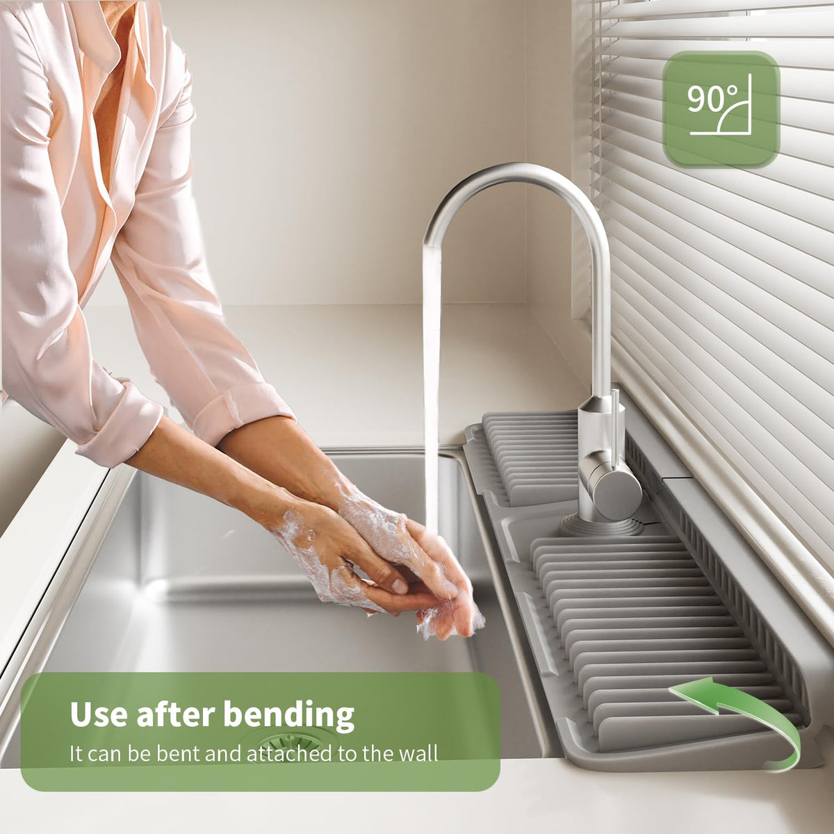 SOCORIA silicone drying platform doubles as a dish soap holder for organized counter space.