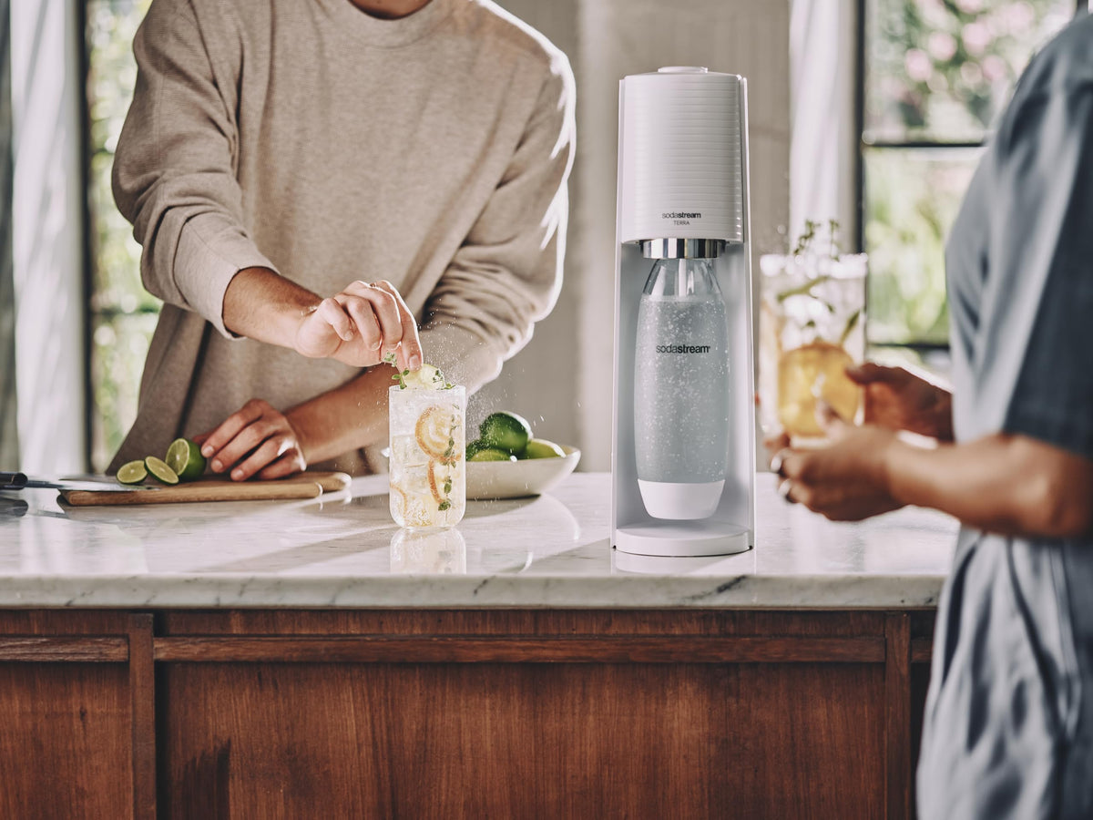 Sodastream 1L black twin pack cap emphasizes hermetic seal for fizz retention