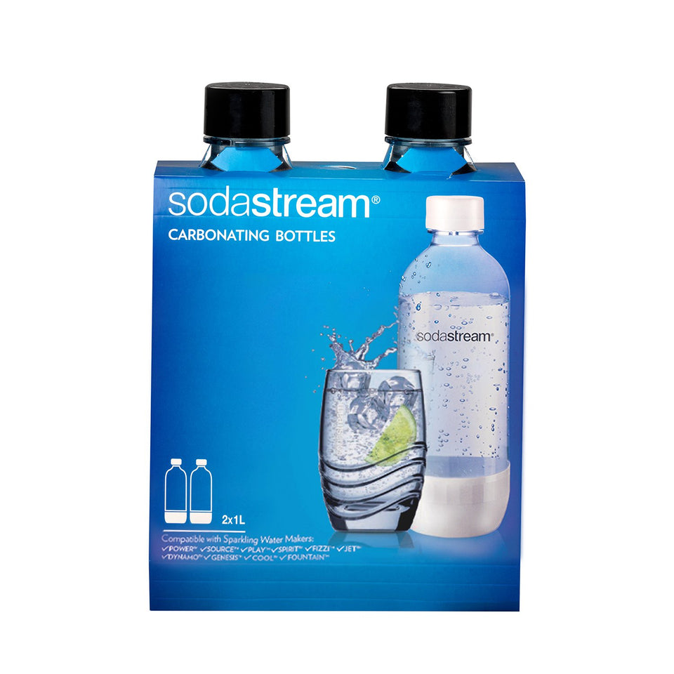 Sodastream 1L black carbonating bottle twin pack closeup showing sturdy construction