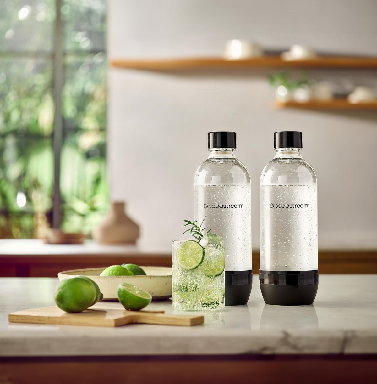 Sodastream 1L black twin pack side view shows full bottle capacity