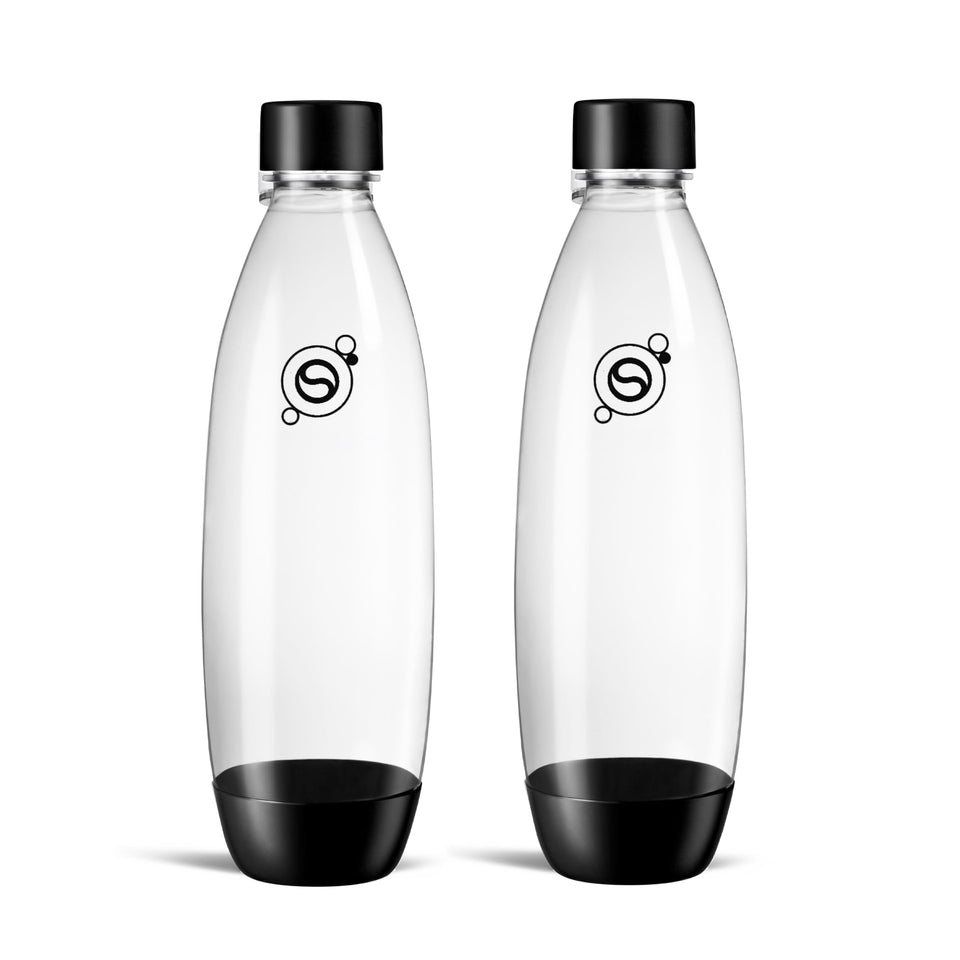Sodastream 1L slim black bottle twin pack on kitchen counter keeps fizz longer.