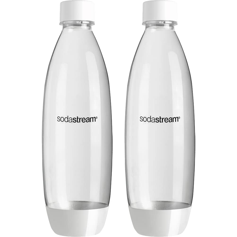 Sodastream 1L twin pack dishwasher-safe slim bottle white for home and travel convenience.