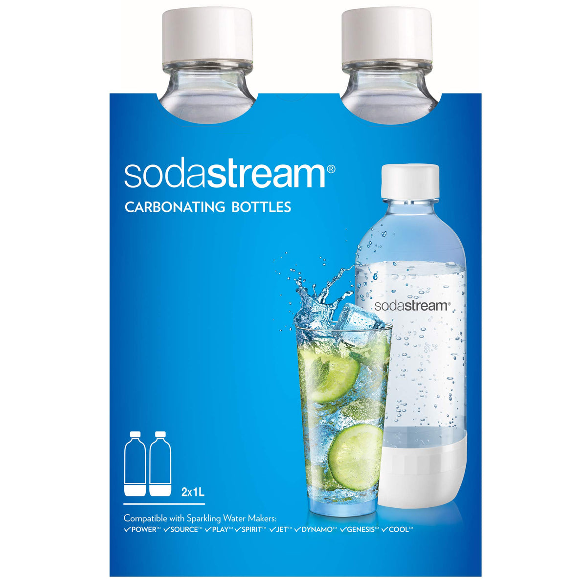 Sodastream 1L white bottle, front view for easy carbonating.