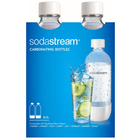Sodastream 1L white bottle, front view for easy carbonating.