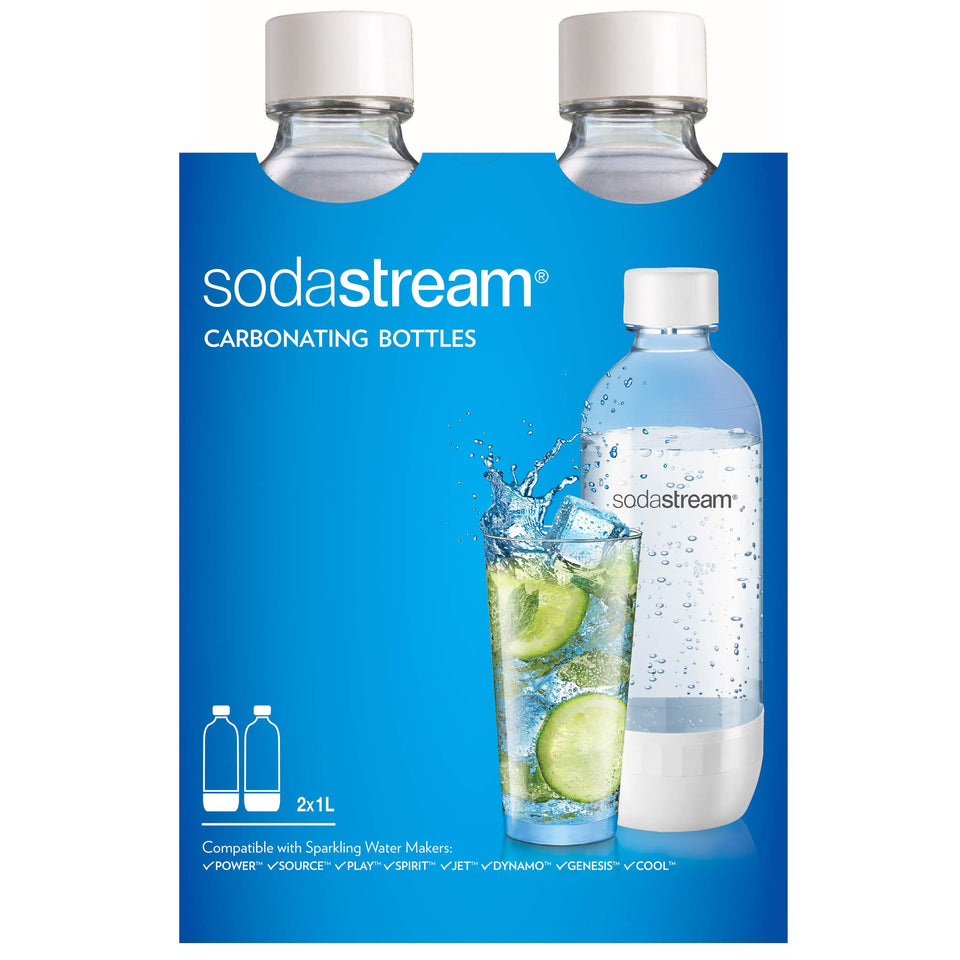 Sodastream 1L white bottle, front view for easy carbonating.