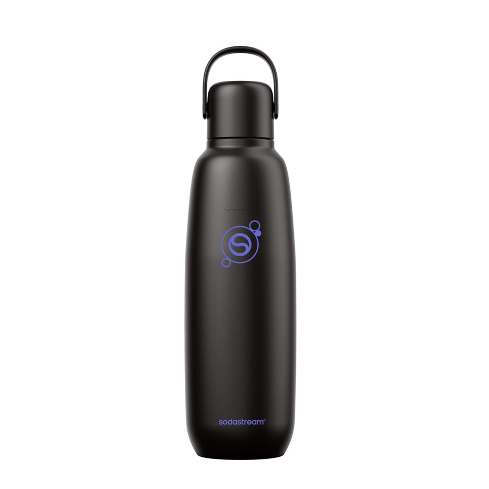 SodaStream Fizz & Go Cool bottle black closeup highlights sleek stainless steel finish.
