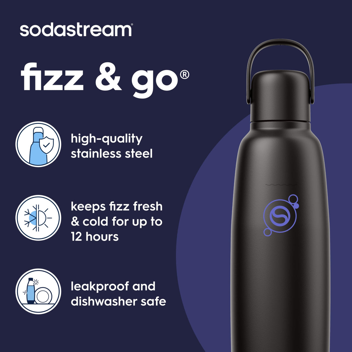SodaStream Fizz & Go Cool bottle black keeps drinks cold for 12 hours.