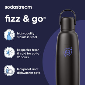 SodaStream Fizz & Go Cool bottle black keeps drinks cold for 12 hours.
