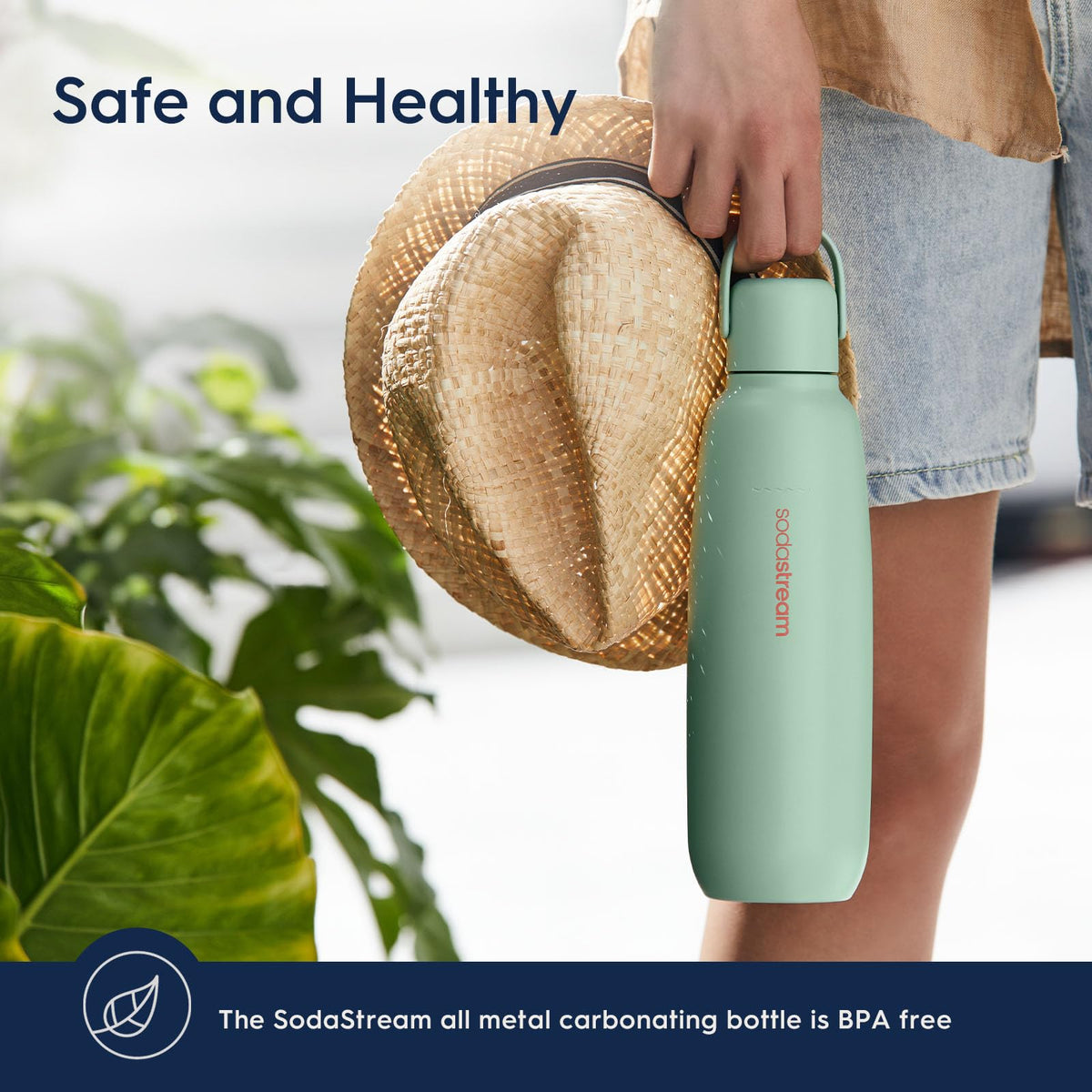 Sodastream Fizz & Go Storm bottle beside color swatches for stylish hydration.