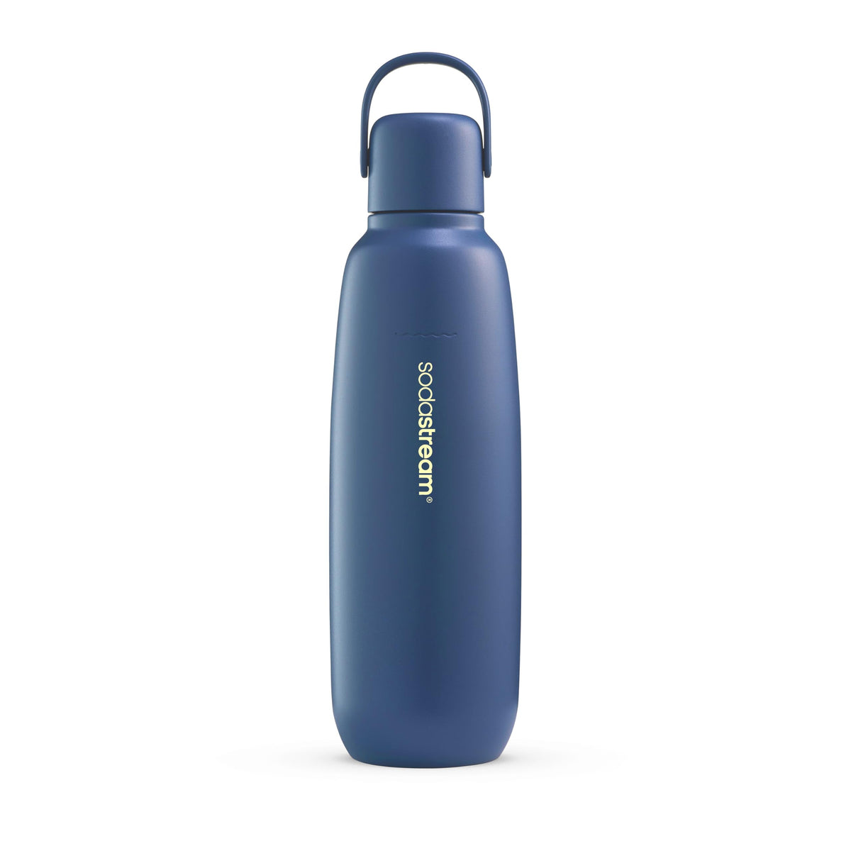 Sodastream Fizz & Go stainless steel bottle in Storm, top view showing sleek, spill-free design for on-the-go hydration.