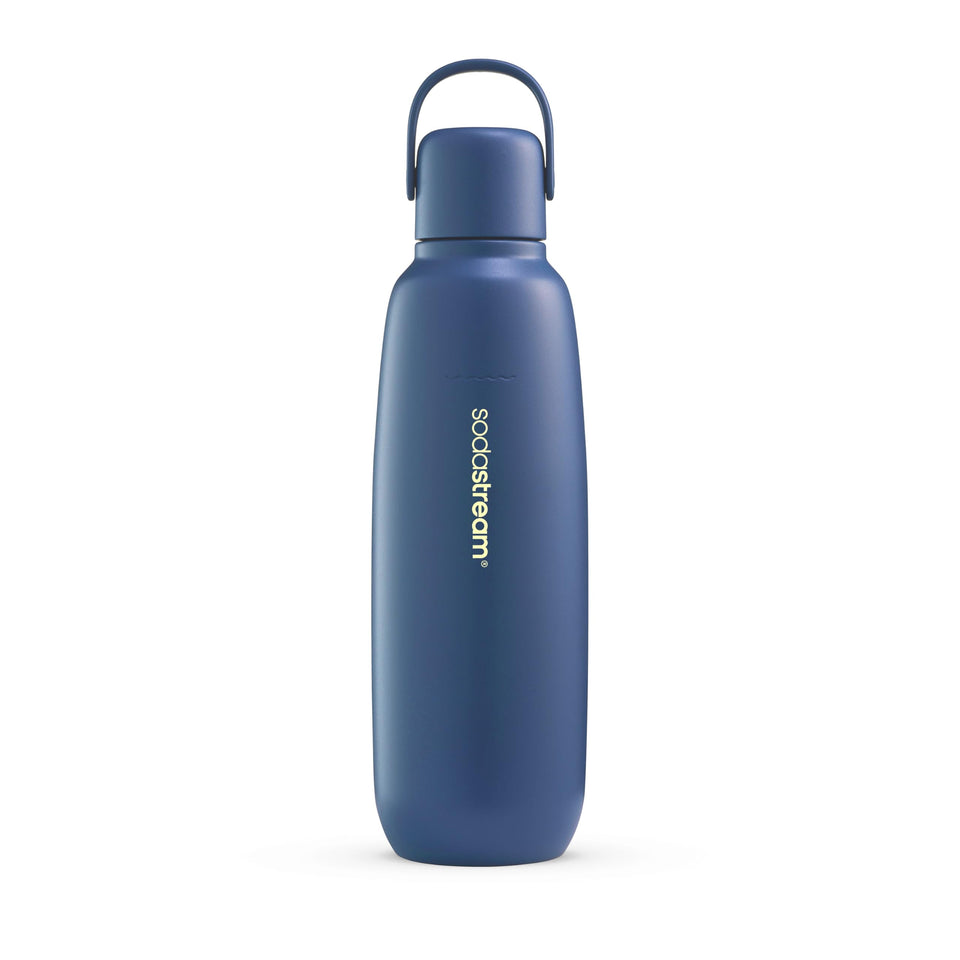 Sodastream Fizz & Go stainless steel bottle in Storm, top view showing sleek, spill-free design for on-the-go hydration.