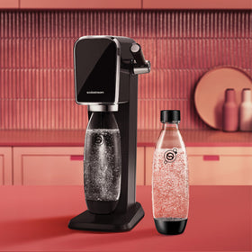 Sodastream slim neck black bottle on counter supports easy home use.