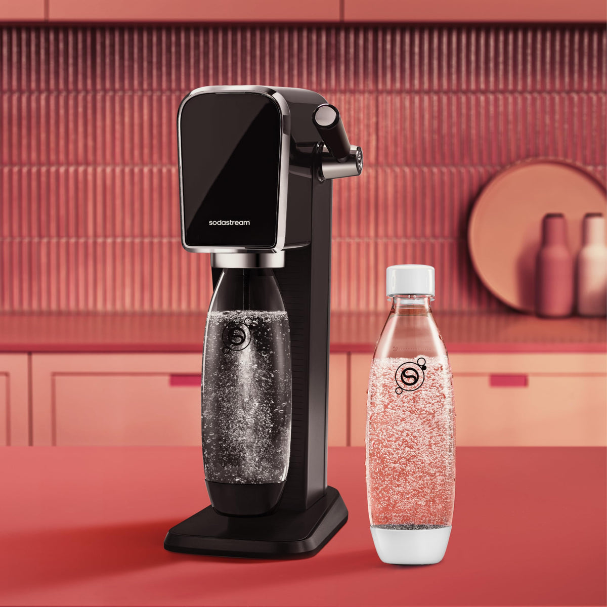 Sodastream slim-neck bottle white on countertop for elegant storage and on-demand fizz.