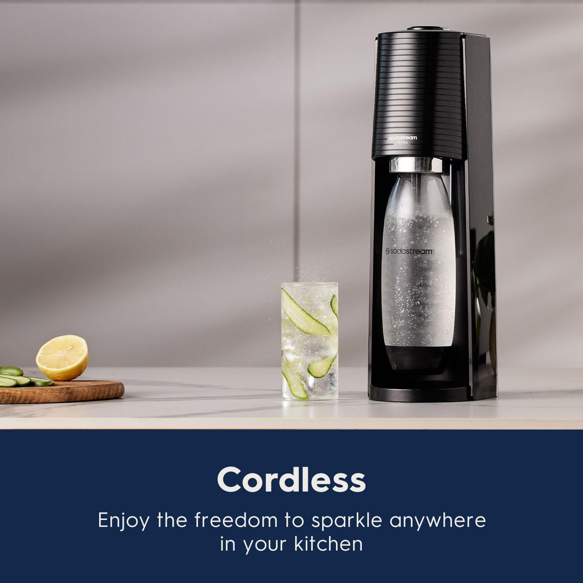 Sodastream Terra's matte black design adds modern kitchen style.