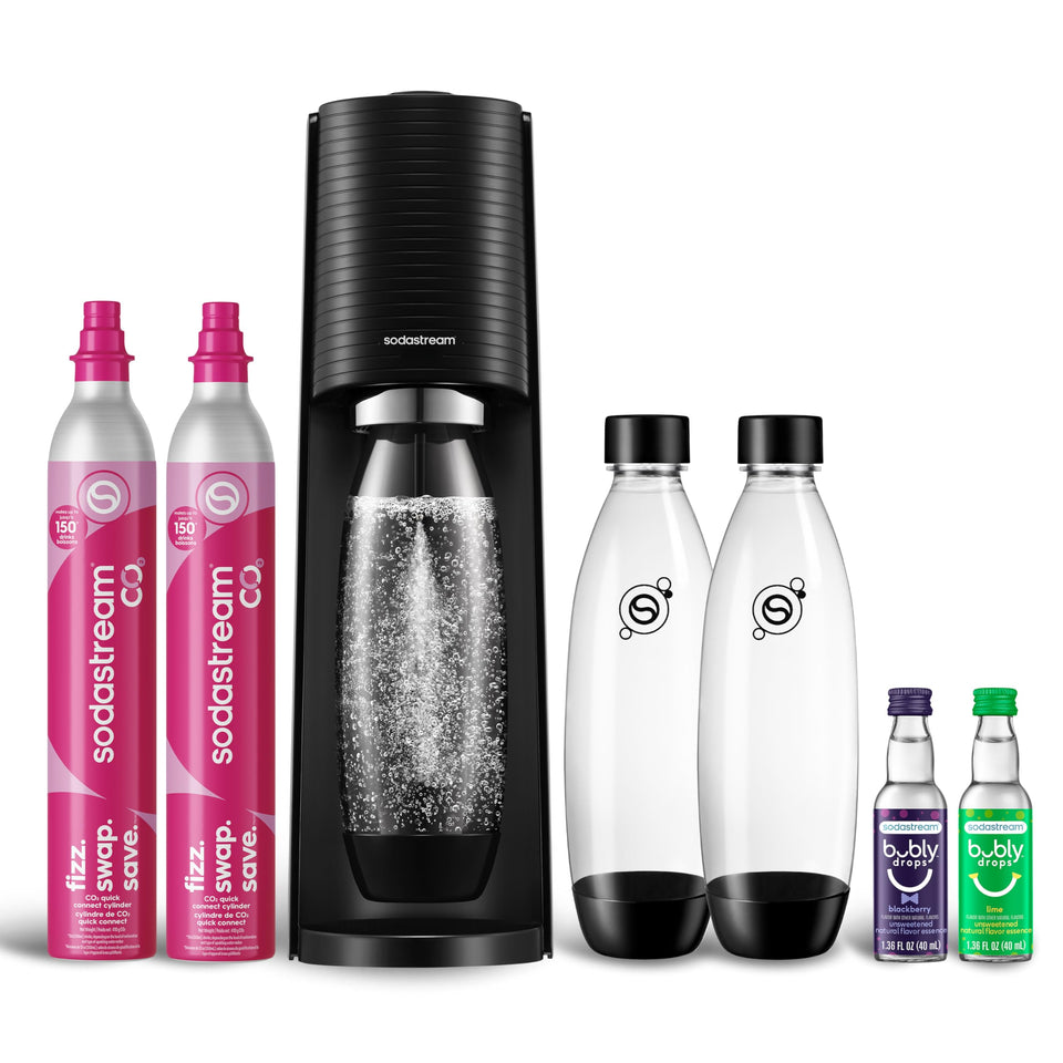 Sodastream Terra sparkling water maker on the counter for customizable beverages.