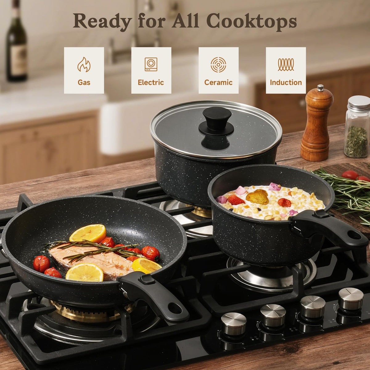 SODAY cookware is oven safe up to 480°F for finishing dishes.